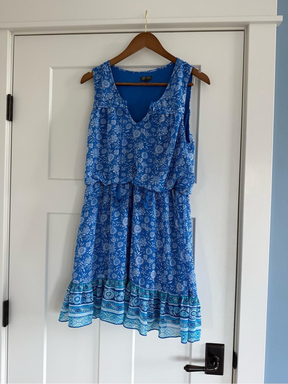 Lily Rose Blue Floral Sleeveless V-Neck Tiered Boho Dress L